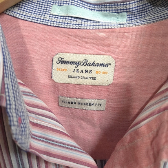 Tommy Bahama | Men's Striped Pink and Blue Button Down Shirt - Picture 6 of 10